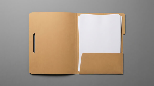 An open brown file folder with a white paper insert on a gray background for organization and document storage