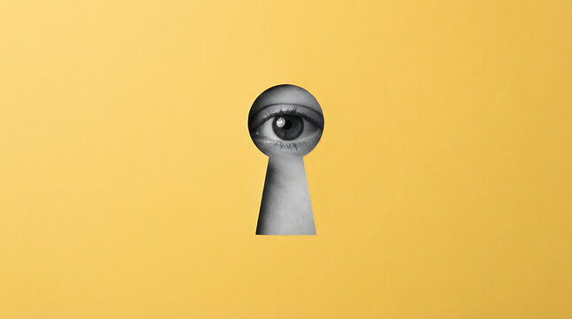 A gray keyhole with a human eye looking through it set against a bright yellow background with a sense of curiosity and surveillance