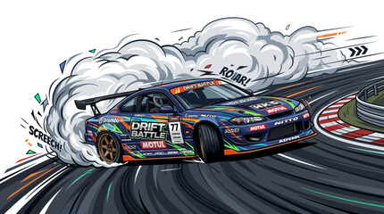 Dynamic racing car drifting on a circuit, leaving a trail of smoke © Satya