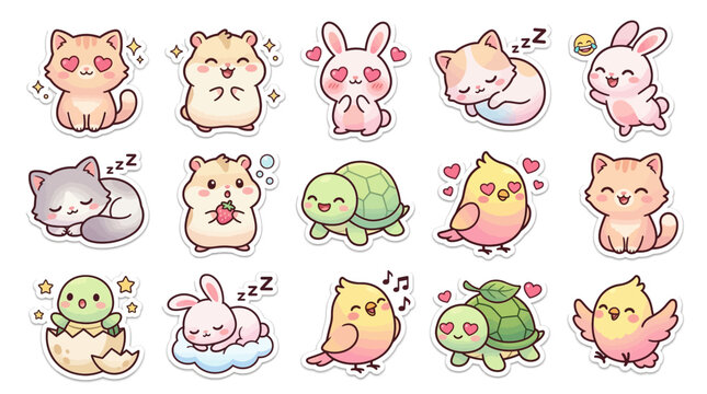 Adorable kawaii animal sticker set with cute cats, hamsters, birds, rabbits, and turtles, perfect for journaling and crafts