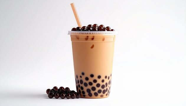 Refreshing Bubble Tea with Tapioca Pearls on White Background.