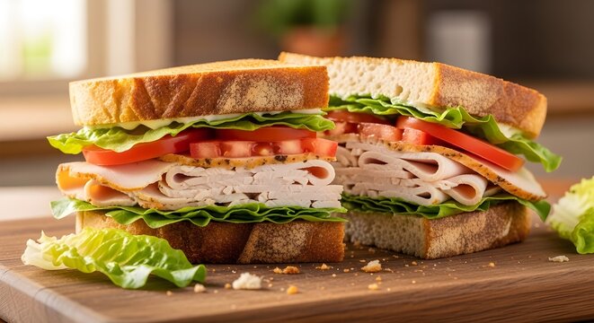 A delicious sandwich cut in half on a wooden cutting board