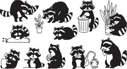Obraz premium Cute Raccoon Vector Set: Playful Animals in Various Activities and Poses