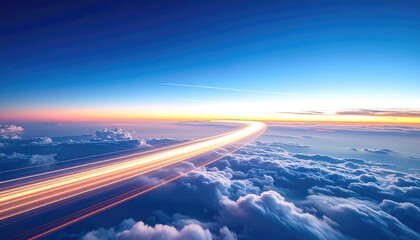 Fototapeta premium Airplane Light Trails Over Clouds at Sunset.
