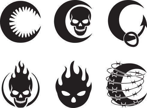 Collection of six black and white celestial and mythical face symbols