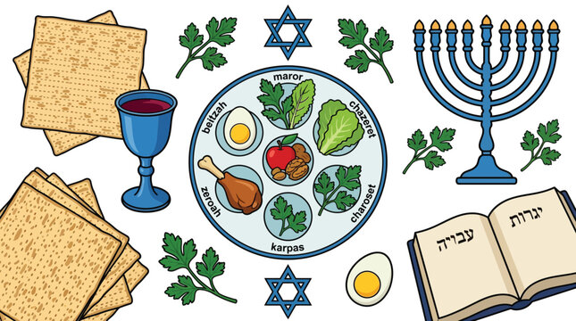 Matzah, Seder Plate, Wine Cup, Menorah, Haggadah (Jewish Holiday)