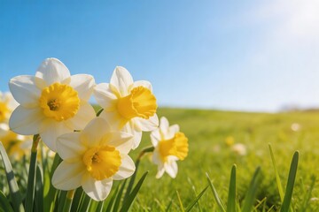 Obraz premium Daffodils with white petals and yellow centers bloom in a lush green field under a clear blue sky, capturing the essence of springtime in nature.