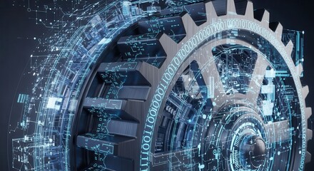 Fototapeta premium Intricate mechanical gear system overlaid with luminous digital data streams