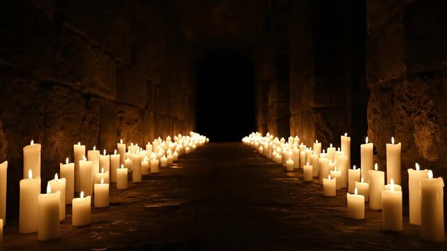 Many Candles Lined Up In A Dark Room.