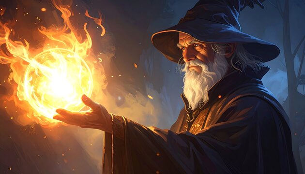 A wizard holds a glowing fireball