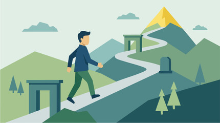 Obraz premium Businessman Walking on Scenic Mountain Pathway towards Summit and Gateway for Adventure and Achievement Concept