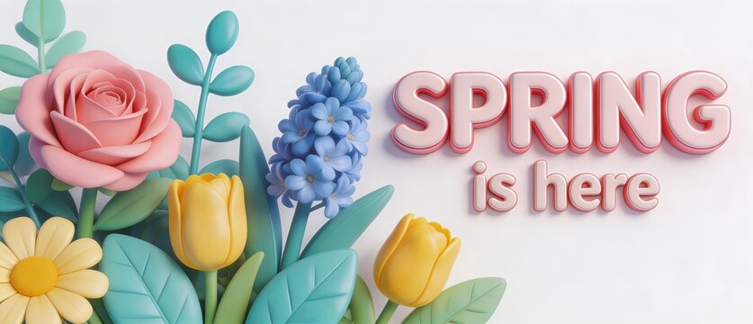 3D render of colorful spring flowers including rose, tulip, hyacinth, and daisy with leaves. Text 'Spring is here' in bold letters. Stylized illustration with white background.