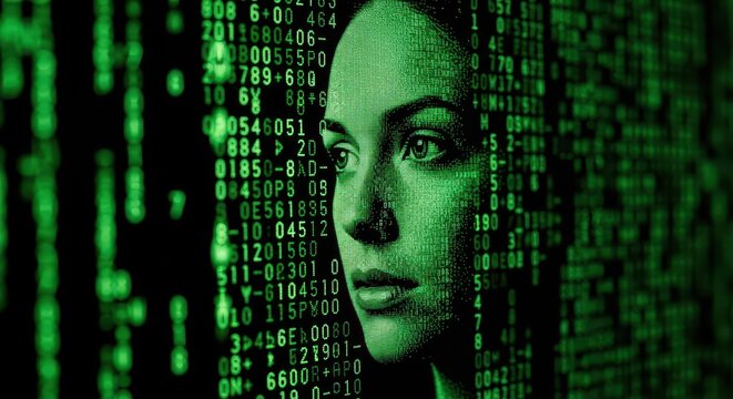 Human face merges with stream of digital code in dramatic visual effect