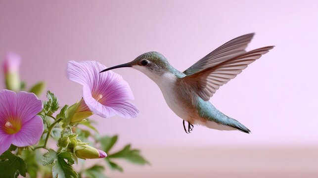 A hummingbird hovers mid-air, feeding from a pink flower against a soft pink background.