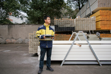 Fototapeta premium Worker holding tablet checking construction materials stacked at outdoor storage site