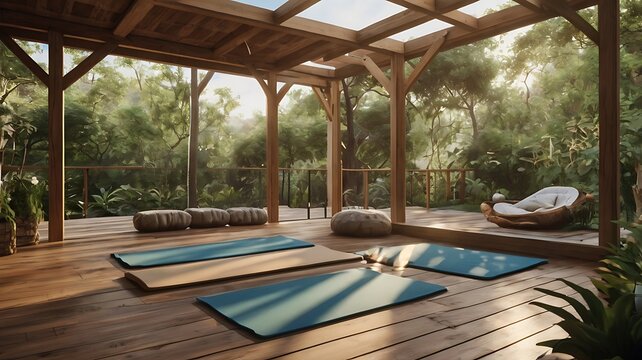 Luxury terrace yoga retreat setup, mats, calming design, forest backdrop, 3D rendering