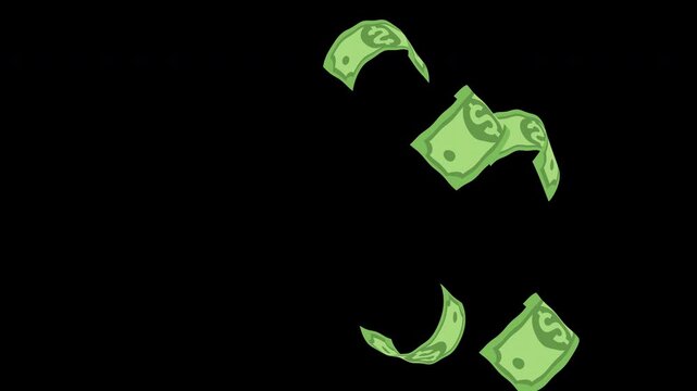 4K video banknotes explosion with seamless flying dollar bills on transparent background.