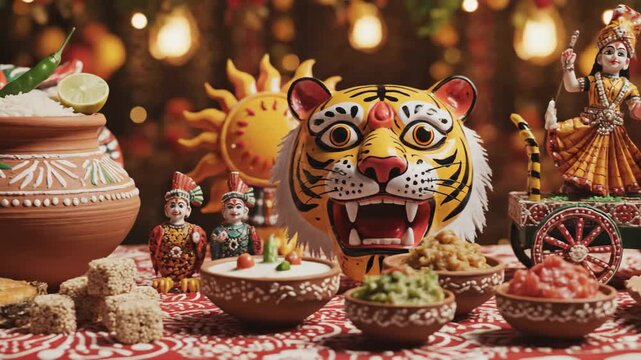 Vibrant pohela boishakh celebration with traditional bengali hilsha dishes, a tiger mask, and festive decor under warm lights.