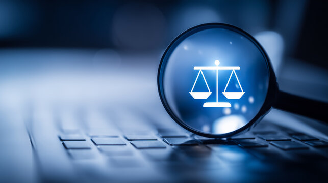 Magnifying glass with a justice scale icon on a keyboard representing legal technology, compliance review, and digital law analysis.
