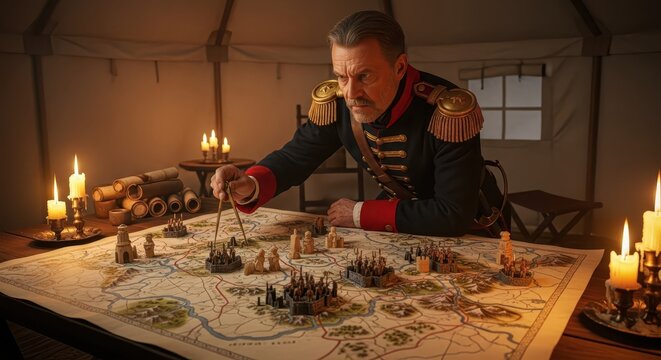 Senior military officer studies battlefield movements using miniature figures on a campaign map illuminated by candlelight inside a tent