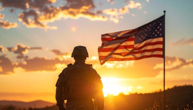 A soldier stands proudly before the waving American flag at sunset.