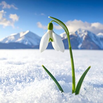 A lone white flower emerges from snow with mountains