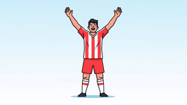Excited soccer player celebrating victory with arms raised high on a blue background