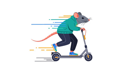 Fototapeta premium Man riding electric scooter with rat head. Vector Illustrations. EPS Editable