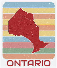 Naklejka premium Ontario, Canada vintage logo. Shape of the province on retro colored stripes background. Ontario, Canada map design with grunge scratch texture. Vector illustration.