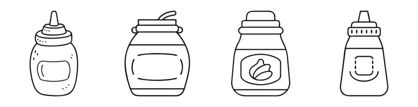 Outlined cartoon drawing of condiment bottles including mustard, honey, peanut butter and soy