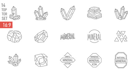 Fototapeta premium Crystal and mineral gemstone outline icons with geometric stone emblems for jewelry logo design