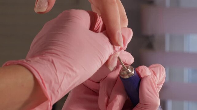 Vertical video. Nail procedure. Salon treatment. Female skilled manicurist hands in gloves removing client finger with milling machine woman care.