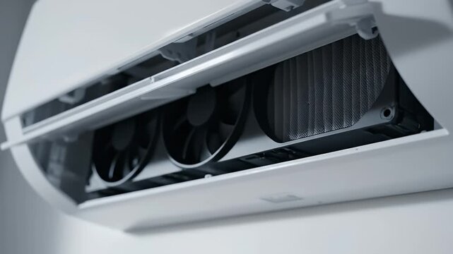 Close-up of an air conditioner's internal fan providing cooling and ventilation on a wall.
