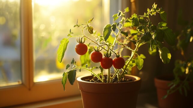 15.Indoor kitchen scene with dwarf tomato plant in terracotta pot bearing ripe red fruit, warm natural light illuminating leaves and stems, home gardening ambience