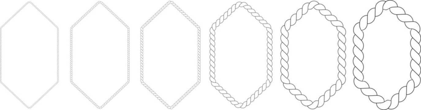 Six vertical hexagonal frames demonstrating increasing rope texture thickness from thin line to bold twist