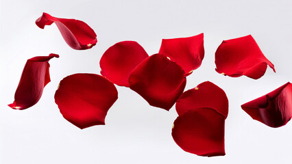 Fototapeta premium Small Red Rose Petals Falling in Mid Air on White Background, Minimal Romantic Concept, Wide Composition with Copy Space