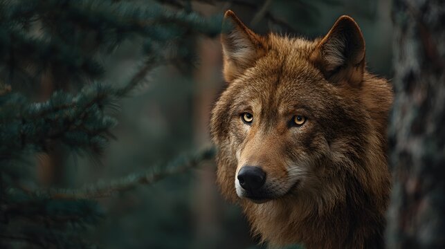 Majestic brown wolf portrait peeking behind a tree in the forest