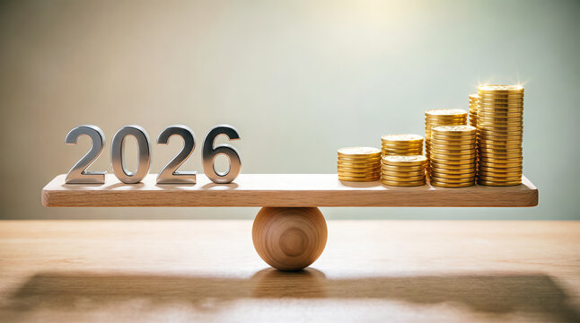 A wooden balance scale with the year 2026 on one side and stacks of gold coins on the other, symbolizing financial growth and prosperity.