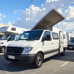 Fototapeta premium A white camper van with its roof lifted