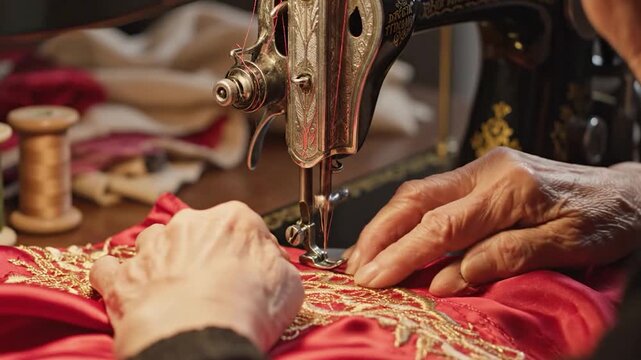 Close-up of hands operating an antique sewing machine with intricate fabric