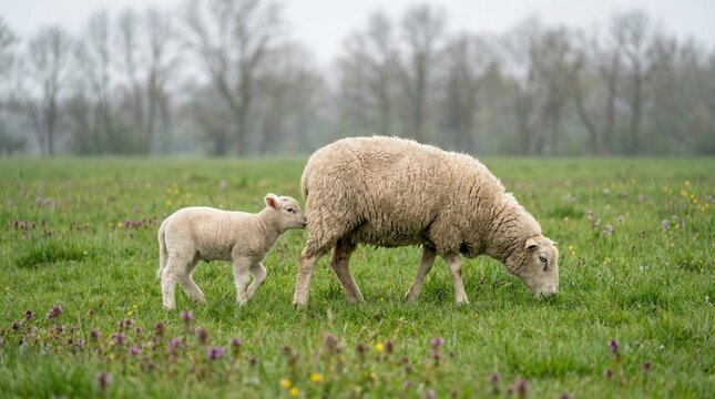 Sheep and lamb grazing in a vibrant green field on a cloudy day