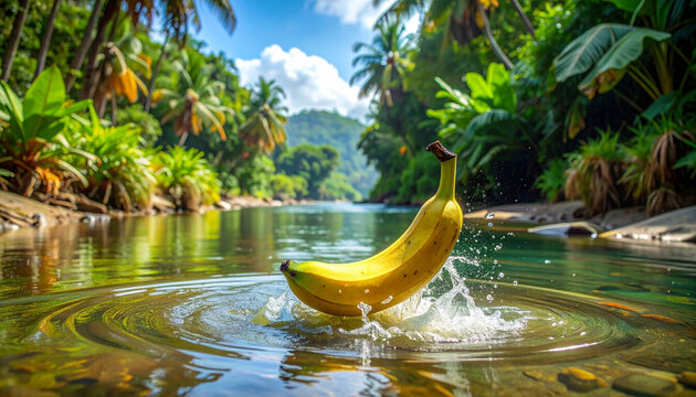 A fresh bunch of ripe organic bananas falling into water with a vibrant yellow splash, creating a healthy tropical food illustration isolated on a white background