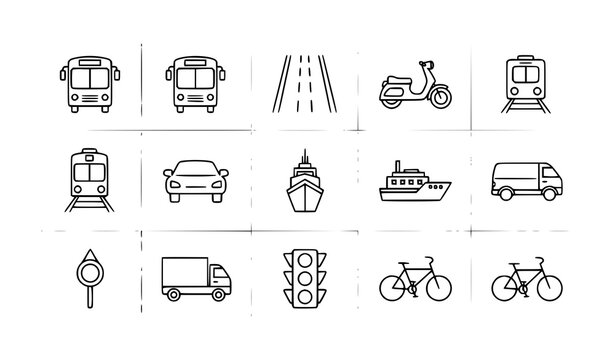 Transport line icon set with bus car train bicycle and traffic symbols in minimal editable stroke style for UI