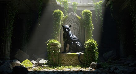 Fototapeta premium Ancient temple ruins feature a dark feline statue upon a carved stone throne overgrown with ivy
