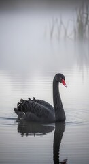 Fototapeta premium Majestic dark waterfowl glides serenely across still water shrouded in mist