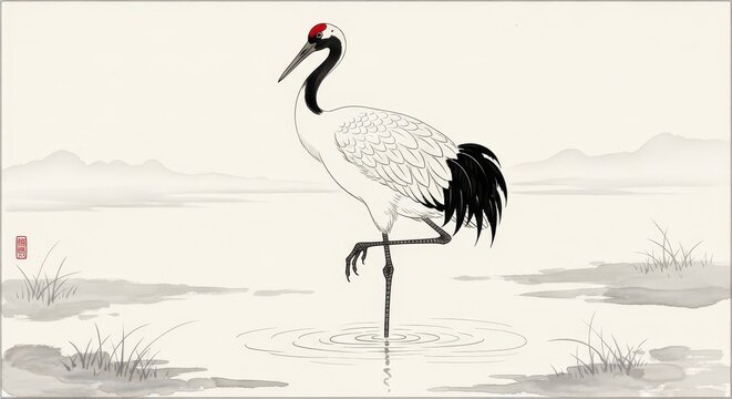 Elegant depiction of a wading bird with black and white plumage standing on one leg in still water.