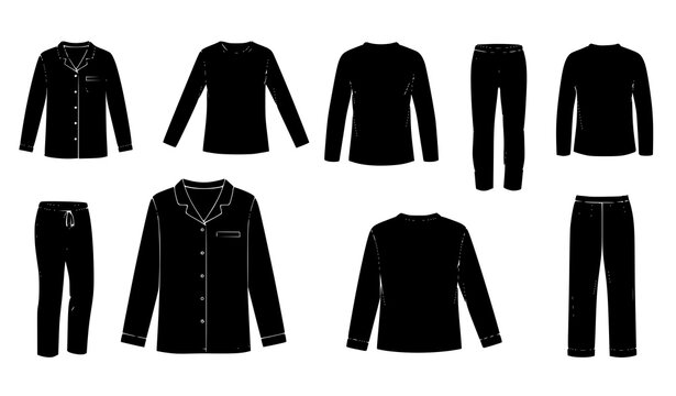 Pajama clothing vector collection with silk sleep shirt and pants templates in front and back views