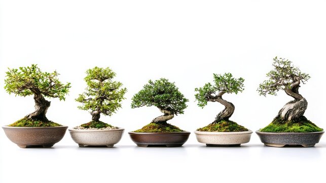 101.Group of uniquely styled bonsai trees placed side-by-side, highlighting different cultural pruning aesthetics, moss-covered soil, and smooth pot finishes, isolated on white