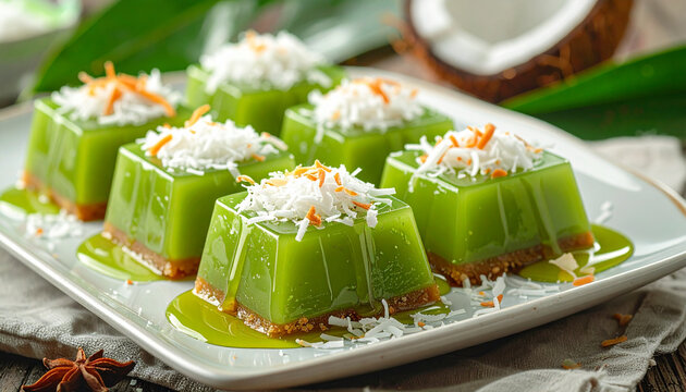 Fresh Thai dessert with coconut milk served as a delicious gourmet snack on a white plate featuring authentic Asian cuisine flavors