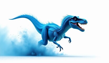 Fototapeta premium Dynamic blue velociraptor dinosaur charging through dust cloud, realistic 3D prehistoric predator isolated on white background